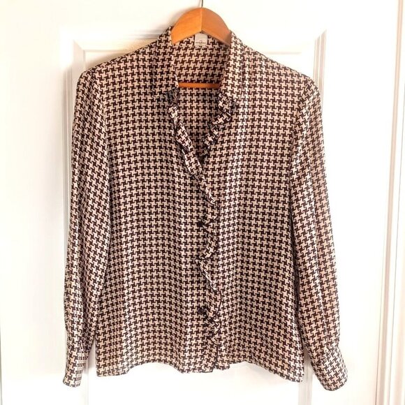 Anne Klein Brown Silk Houndstooth Print Long Sleeve Blouse - Picture 1 of 6